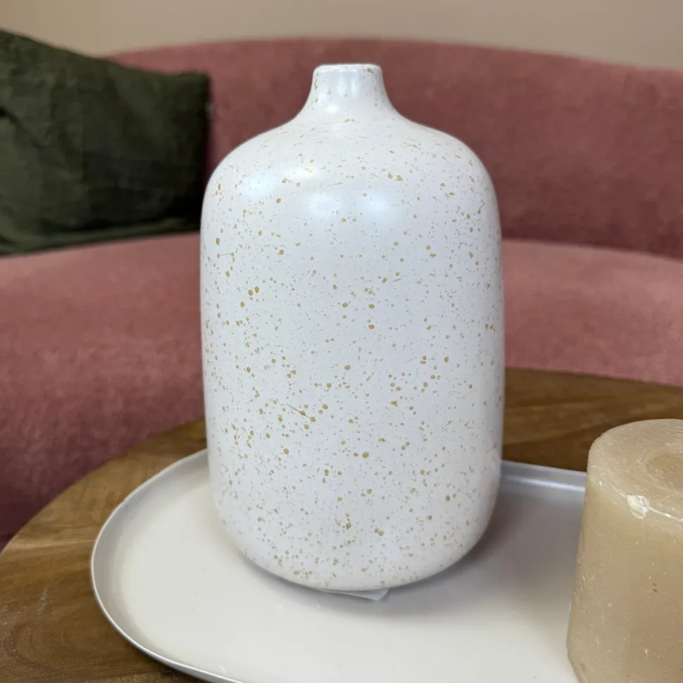 Beige Vaasje Spikkels 22 cm – Crème Vaas met Taupe Spikkels | Smalle Hals