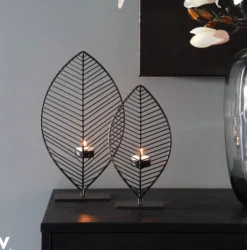 Waxinelichthouder ‘Leaf’ Zwart – 2 Maten | Chique-Living